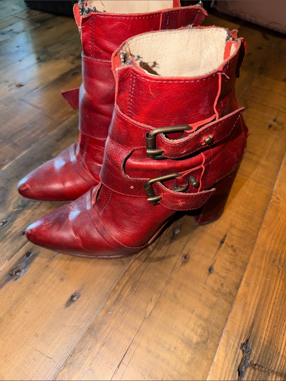 Freebird by Steven Red Leather Pointed Ankle Boots with Buckle Straps